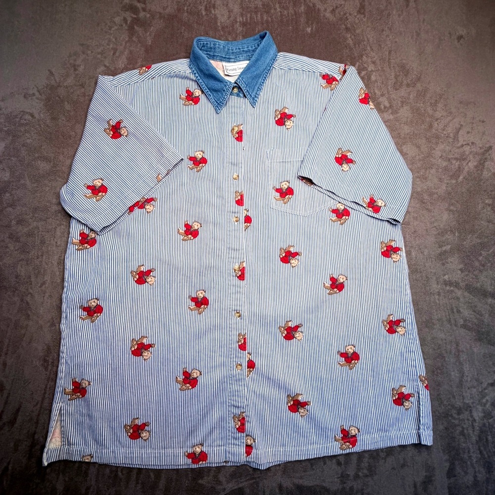 Vtg 90s Fitting Image Button Down Shirt Womens 18 Blue Striped Teddy Bear AOP